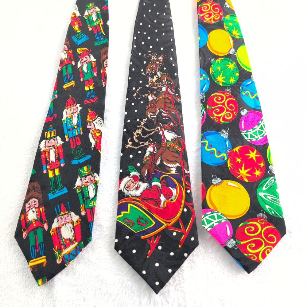 Vintage 90's Addiction Santa Christmas 100% Silk Ties (3)+ (1) Santa Suspenders